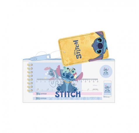 Safta Stitch Portatodo - Cremallera - PVC - Regla de 15cm - 2 Lapices - Sacapuntas - Goma - Bloc de Notas de 70 Hojas - 22.5x10.5x1cm - Color Azul y Transparente