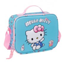 Safta Hello Kitty Bolsa Isotermica Porta Alimentos - Frontal 3D - Cremallera - Bandolera Ajustable - Asa de Mano - 25x19.5x9cm - Color Azul Claro