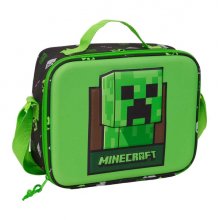 Safta Minecraft Bolsa Isotermica Porta Alimentos - Frontal 3D - Cremallera - Bandolera Ajustable - Asa de Mano - 25x19.5x9cm - Color Verde y Negro