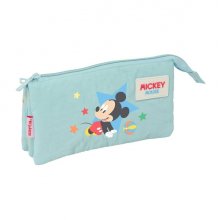 Safta Mickey Mouse Baby Portatodo - 3 Compartimentos con Cremallera - Bolsillo Interior Central - 22x12x3cm - Color Azul Pastel