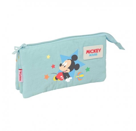 Safta Mickey Mouse Baby Portatodo - 3 Compartimentos con Cremallera - Bolsillo Interior Central - 22x12x3cm - Color Azul Pastel