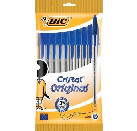 Bic Cristal Original Pack de 10 Boligrafos de Bola - Punta Redonda de 1.0mm - Trazo 0.4mm - Tinta con Base de Aceite - Color Azul
