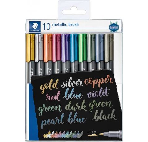 Staedtler Pack de 10 Rotuladores Permanentes - Punta Pincel - Trazo 1-2mm aprox. - Capuchon con Clip - Colores Metalicos Surtidos