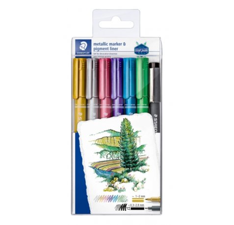 Staedtler Metallic Pen Pack de 6 Rotuladores de Punta Fina Trazo 1 - 2mm + Rotulador Pigment Liner Trazo 0.3 - 2mm - Tinta Base de Agua - Colores Surtidos