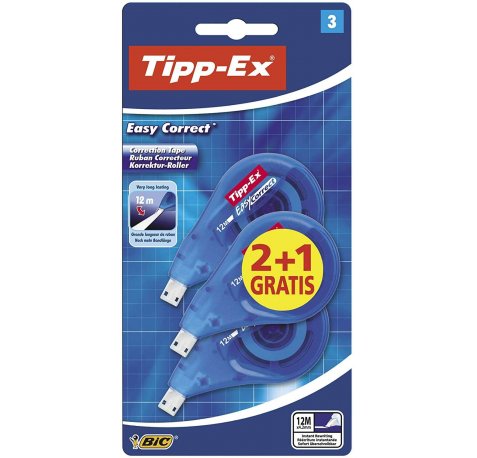 Tipp-Ex Easy Correct 2+1 Pack de 3 Cintas Correctoras 4.2mm x 12m - Resistente - Escritura Instantanea
