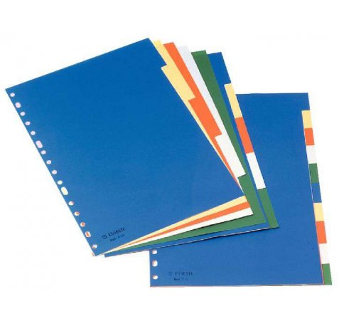 Esselte Separadores Plastico A4 5 Pestañas 5 Colores Cartulina Indice Blanco Negro - Material PP - Tamaño A4 - Multitaladro - 5 Pestañas 5Colores - Presentacion Bolsa Individual