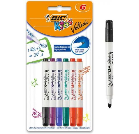 Bic Kids Mini Velleda Pack de 6 Rotuladores para Pizarra - Punta Bloqueada - Tinta con Base de Alcohol - Borrado Optimo - Colores Surtidos