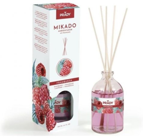 Prady Ambientador Mikado Frambuesa - Frasco de Cristal 100 ml y Varitas Difusoras