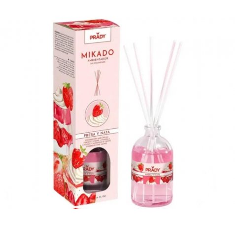 Prady Ambientador Mikado Fresas y Nata - Frasco de Cristal 100 ml y Varitas Difusoras