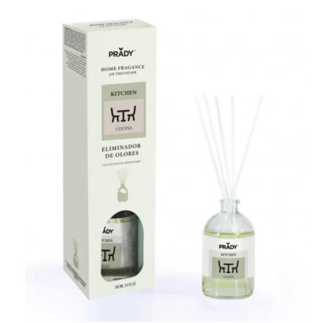 Prady Ambientador Mikado Neutralizador de Olores Para Cocina - Frasco de Cristal 100 ml y Varitas Difusoras