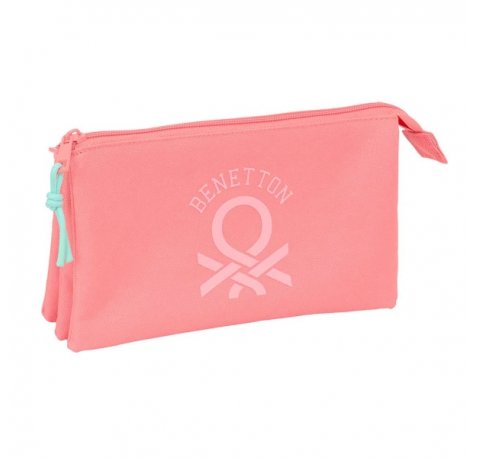 Safta Benetton Basics Portatodo - 3 Compartimentos con Cremalleras - Bolsillo Interior - 0.6L - 220x30x120mm - Color Coral