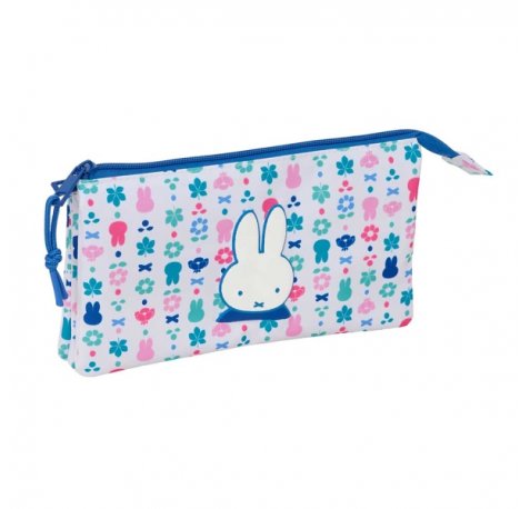 Safta Miffy Bunny Portatodo - 3 Compartimentos con Cremallera - Bolsillo Interior Central - 22x12x3cm - Color Blanco y Azul