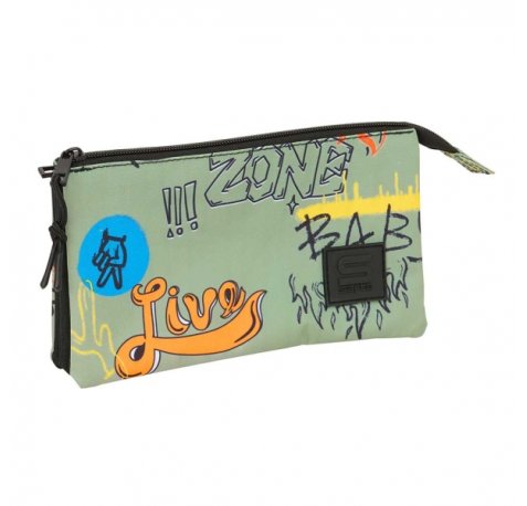 Safta Graffiti Zone Portatodo - 3 Compartimentos con Cremalleras - Bolsillo Interior - 0.60L - 220x30x120mm - Color Verde