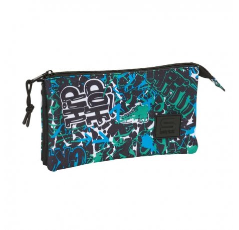 Safta Graffiti Go Portatodo - 3 Compartimentos con Cremalleras - Bolsillo Interior - 0.60L - 220x30x120mm - Color Azul Oscuro