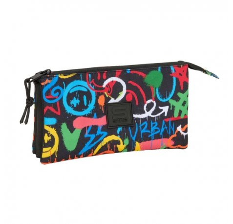 Safta Graffiti Colors Portatodo - 3 Compartimentos con Cremalleras - Bolsillo Interior - 0.60L - 220x30x120mm - Multicolor