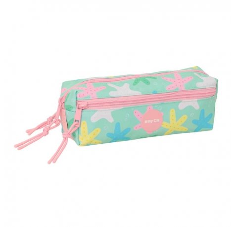Safta Estrellas Portatodo - 3 Compartimentos con Cremallera - Goma Elastica - Compacto - 22x8.5x6cm - Color Verde
