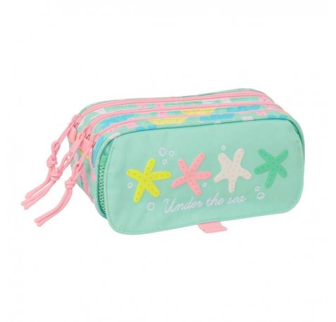 Safta Estrellas Portatodo - 3 Compartimentos con Cremallera - Cinta Trasera Adaptable - Bolsillo Frontal de Rejilla con Velcro - 21.5x10x8cm - Color Verde