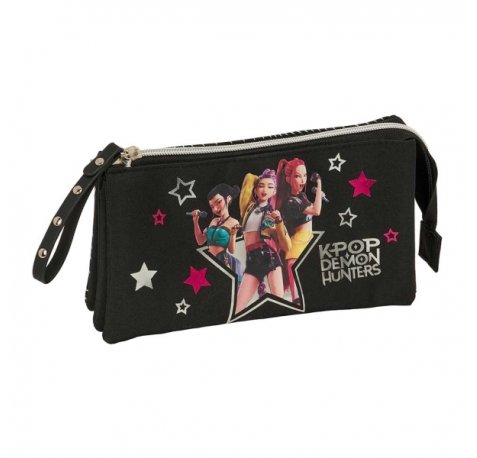 Safta K-Pop Demon Hunters Energy Portatodo - 3 Compartimentos con Cremallera - Bolsillo Interior Central - 22x12x3cm - Color Negro