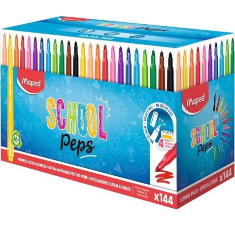 Maped Color`Peps Longlife School Pack de 144 Rotuladores con Punta Media Bloqueada 3.7mm - Tinta Lavable - Colores Surtidos
