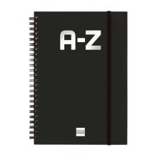 Finocam A-Z Indice Alfabetico - Formato A5 - 148x210mm - Tapas de Carton Forrado - Papel de 80g/m2 - Cierre con Goma Elastica - Espiral Doble Metalica - Color Negro