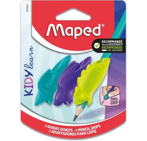 Maped Kidy Lern Pack de 3 Guias de Lapiz para Dedos - 3 Modelos Tiburon, Camaleon y Conejo - Apta para la Mayoria de Lapices - Para Alumnos de 3 a 7 AÃ±os