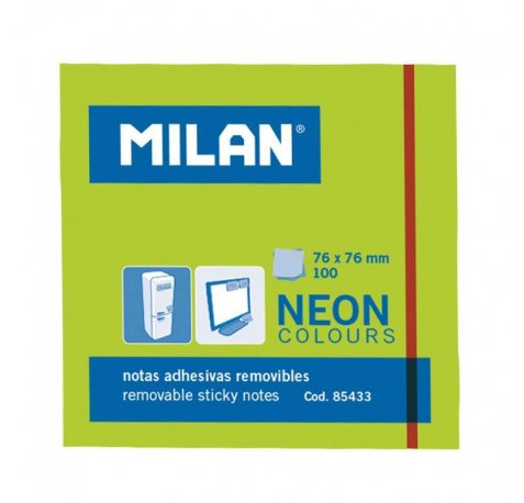 Milan Bloc de 100 Notas Adhesivas - Removibles - 76mm x 76mm - Color Verde Neon