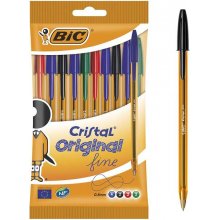 Bic Cristal Original Fine Pack de 10 Boligrafos de Bola - Punta Redonda de 0.8mm - Trazo de 0.30mm - Tinta con Base de Aceite - Translucido - Colores Surtidos