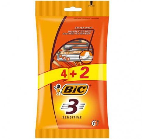 Bic Sensitive 3 Pack de 4+2 Maquinillas de Afeitar Desechables de 3 Hojas - Tira Lubricante con Aloe Vera