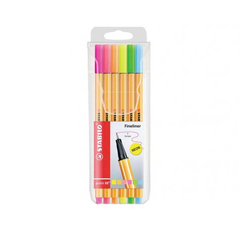 Stabilo Point 88 Pack de 6 Rotuladores de Punta Fina de Fibra - Trazo de 0.4 mm - Tinta con Base de Agua - Colores Surtidos Neon
