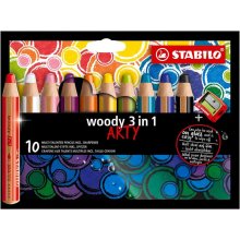 Stabilo Woddy 3 en 1 Arty Pack de 10 Lapices de Colores + Sacapuntas - Lapiz de Color, Cera y Acuarela, Todo en Uno - Mina XXL 10mm - Colores Surtidos