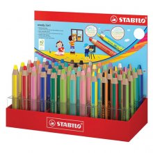 Stabilo Woody 3 en 1 Expositor con 48 Lapices de Colores - 26 Woody 3 en1, 8 Woddy 3 en 1 Pastel y 14 Woddy 3 en 1 Duo - Lapiz de Color, Cera y Acuarela, Todo en Uno - Mina XXL 10mm - Colores Surtidos