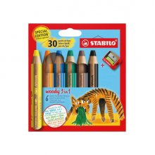 Stabilo Woody 3 en 1 30º Aniversario Tigre Pack de 6 Lapices de Colores + Sacapuntas - Lapiz de Color, Cera y Acuarela, Todo en Uno - Mina XXL 10mm - Colores Surtidos
