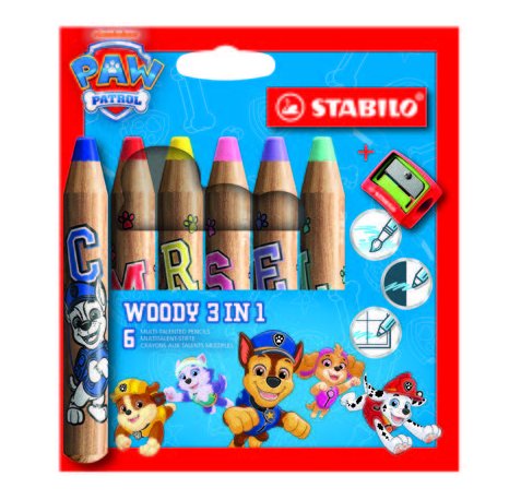 Stabilo Woody 3 en 1 Patrulla Canina Pack de 8 Lapices de Colores con DiseÃ±os de la Patrulla Canina + Sacapuntas - Lapiz de Color, Cera y Acuarela, Todo en Uno - Mina XXL 10mm - Colores Surtidos