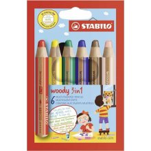 Stabilo Woddy 3 en 1 Pack de 6 Lapices de Colores - Lapiz de Color, Cera y Acuarela, Todo en Uno - Mina XXL 10mm - Colores Surtidos