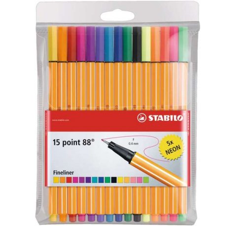 Stabilo Point 88 Pack de 15 Rotuladores de Punta Fina de Fibra - Trazo de 0.4 mm - Tinta con Base de Agua - 10 Colores Surtidos + 5 Neon