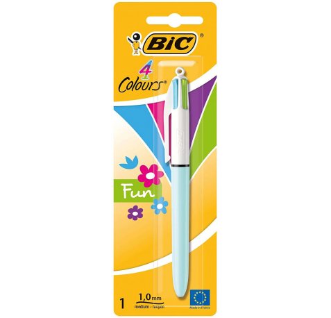 Bic 4 Colours Fun Boligrafo de Bola Retractil - Punta Media de 1.0mm - Tinta con Base de Aceite - Tinta de Colores: Rosa, Morado, Turquesa y Verde Lima