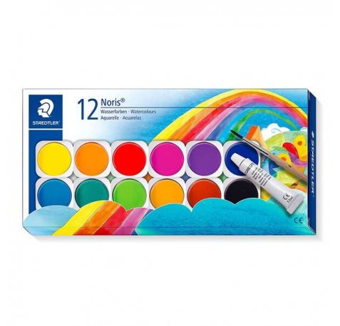 Staedtler Noris 888 12 Pastillas de Acuarela + Tubo Zinc Blanco + Pincel - Mezclables entre si - Colores Surtidos