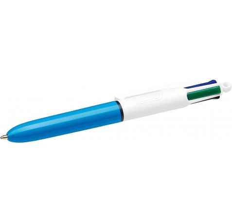 Bic 4 Colours Mini Boligrafo de Bola Retractil - Punta Media de 1mm - Trazo de 0.4mm - Tinta con Base de Aceite - Cuerpo Blanco/Azul - 4 Colores (12 uds)