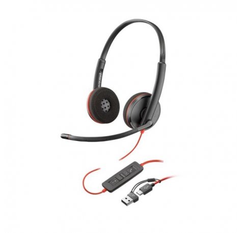 HP Poly Blackwire 3220 USB-C Auriculares con Microfono - Almohadillas Acolchadas - Controles en Cable - Adaptador USB-A - Color Negro