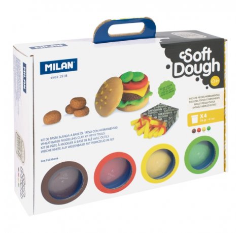 Milan Soft Dough Pack de 4 Botes de Pasta Blanda - Maletin con Herramientas - 116g por Unidad - 100% Vegetal - Moldeable - Sin Residuos - Colores Mezclables - Tematica Hamburgeseria
