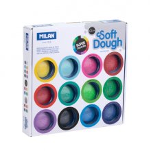 Milan Soft Dough Pack de 16 Botes de Pasta Blanda - 8 Basicos - 4 Neon - 4 Glitter o Purpurina - 30g por Unidad - 100% Vegetal - Moldeable - Sin Residuos - Colores Mezclables - Colores Surtidos