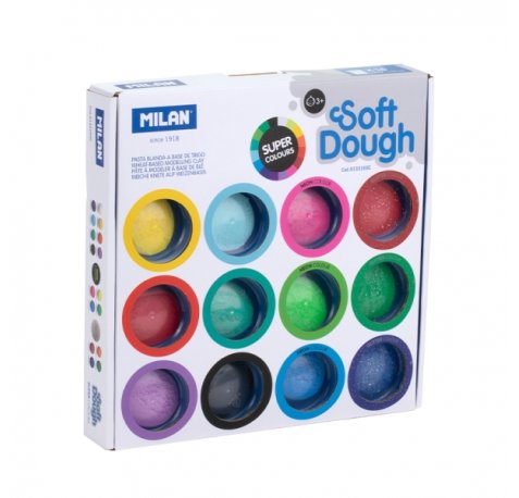 Milan Soft Dough Pack de 16 Botes de Pasta Blanda - 8 Basicos - 4 Neon - 4 Glitter o Purpurina - 30g por Unidad - 100% Vegetal - Moldeable - Sin Residuos - Colores Mezclables - Colores Surtidos