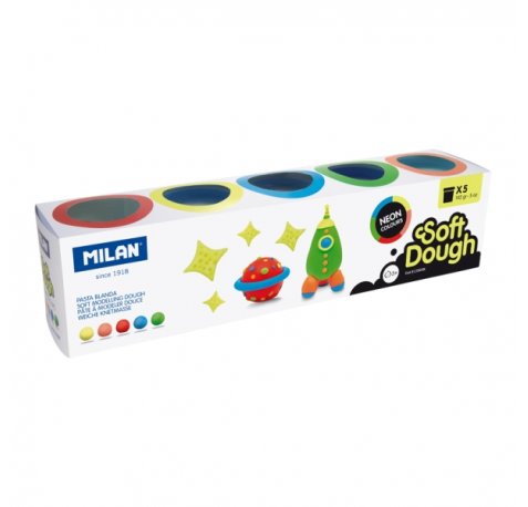 Milan Neon Soft Dough Pack de 5 Botes de Pasta Blanda - 100% Vegetal - Moldeable - Sin Residuos - Colores Mezclables - 142g por Unidad - Colores Surtidos