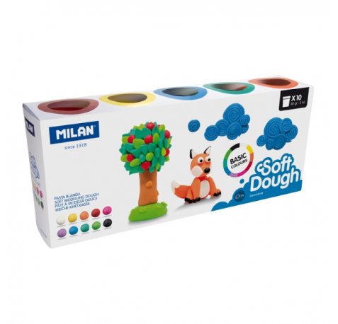 Milan Basic Soft Dough Pack de 10 Botes de Pasta Blanda - 100% Vegetal - Moldeable - Sin Residuos - Colores Mezclables - 85g por Unidad - Colores Surtidos