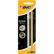 Bic Cristal Shine Pack de 2 Boligrafos de Bola - Punta Media de 1.0mm - Tinta con Base de Aceite - Cuerpo Plateado y Dorado - Color Negro