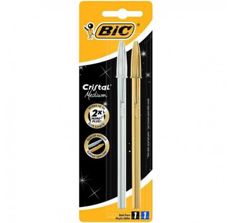 Bic Cristal Shine Pack de 2 Boligrafos de Bola - Punta Media de 1.0mm - Tinta con Base de Aceite - Cuerpo Plateado y Dorado - Color Negro
