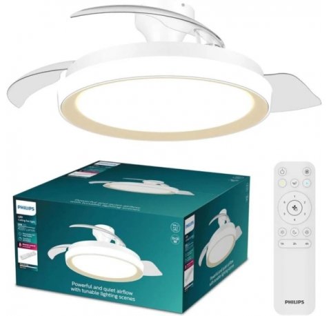 Philips Bliss DC Fan Ceiling Ventilador de Techo con Luz LED Hasta 6500K - Aspas Retractiles - 35W Ventilador + 28W Luz - Mando a Distancia - Color Blanco/Dorado