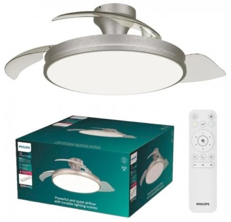 Philips Atlas DC Fan Ceiling Ventilador de Techo con Luz LED Hasta 6500K - Aspas Retractiles - 35W Ventilador + 28W Luz - Mando a Distancia - Color Niquel