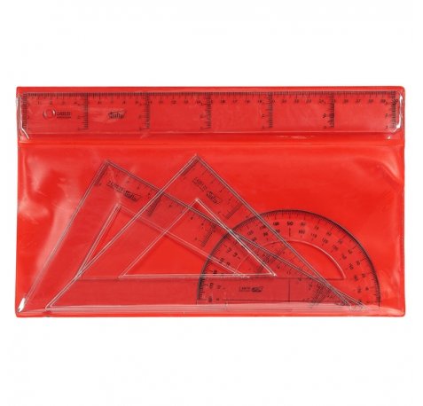 Safta Pack de 4 Reglas - Regla de 30cm - Escuadra de 25cm - Cartabon de 25cm - Semicirculo de 15cm - Color Transparente
