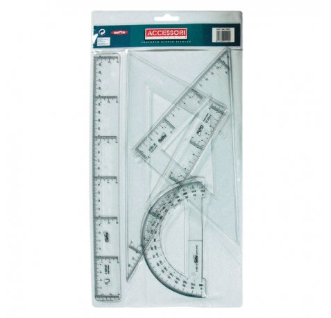 Safta Pack de 4 Reglas - Regla de 30cm - Escuadra de 25cm - Cartabon de 25cm - Semicirculo Transportador de Angulos - Biselado - Color Transparente